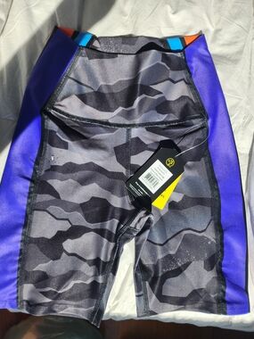 Zumba Fitness High Waist Shorts - Purple, Black, Gray with Blue & Orange Accents